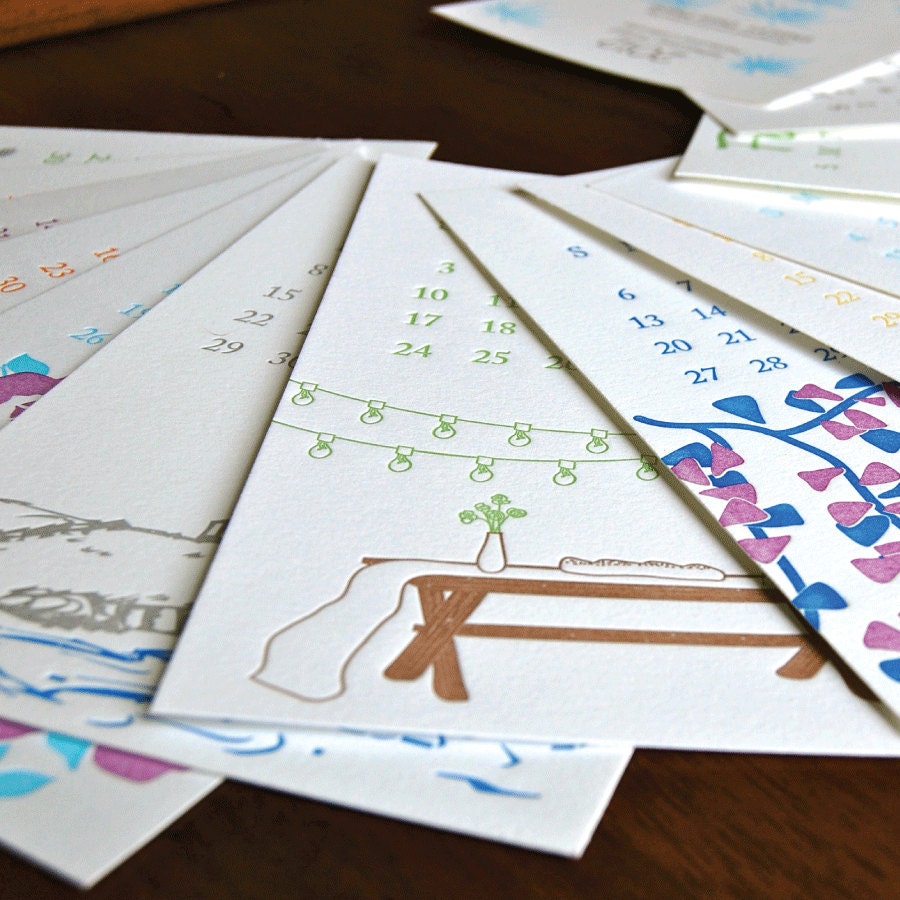 SALE: 2012 Letterpress Printed Calendar/ note card set w/13 envelopes