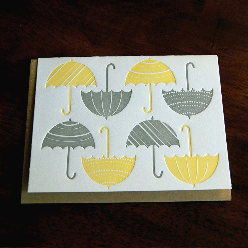 Umbrellas, letterpress, single folded card