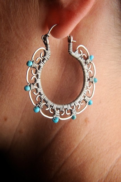 Large Filigree Hoop Earrings in Sterling Silver with Turquoise: Leela - Made to Order