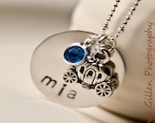 Princess Personalized Hand Stamped Sterling Silver Necklace with Swarovski Birthstone and Pumpkin Carriage