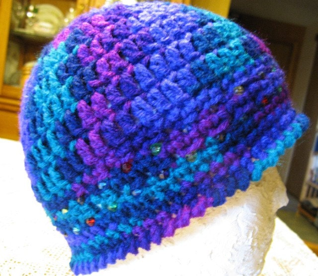 Hand Made Purple Beanie Hat w Bead Accents