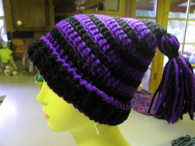 Crocheted Childs Double Tassel Jester Hat in Purple n Black