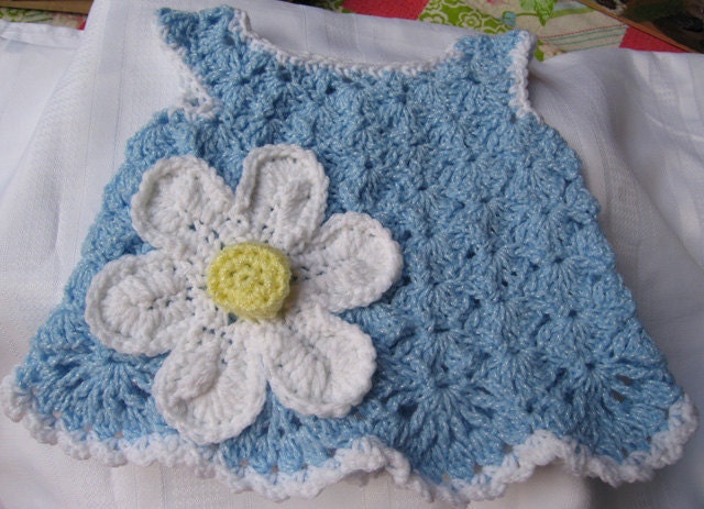 Blue Hand Crocheted Baby Dress White n Yellow Daisy