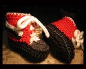 Hand Crocheted Team Colors High Top Baby Booties Red Black White and Silver