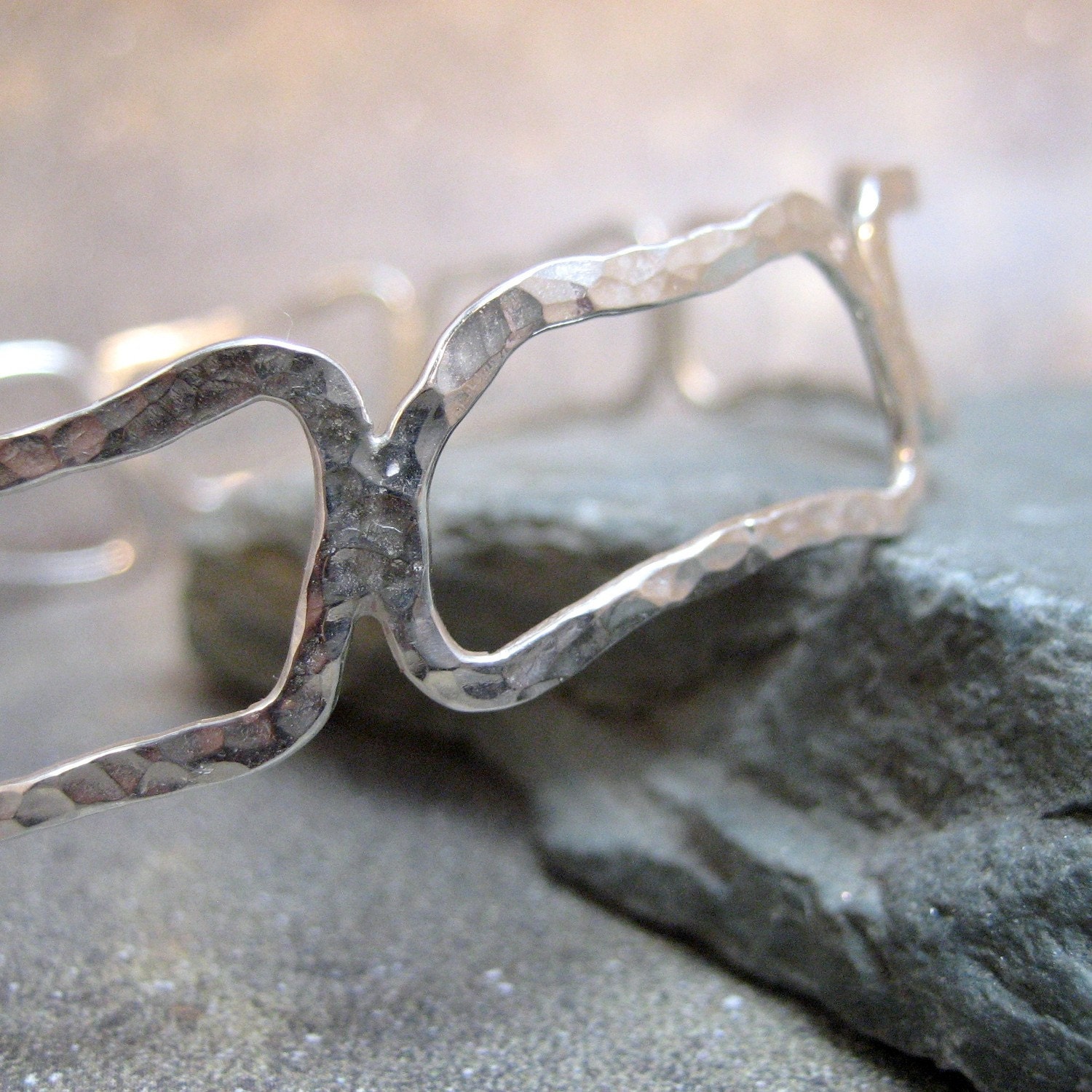 Sterling Silver Abstract Shapes Bangle Bracelet - Plus Size - Handmade Silver Artisan Jewelry - Designed by A Second Time