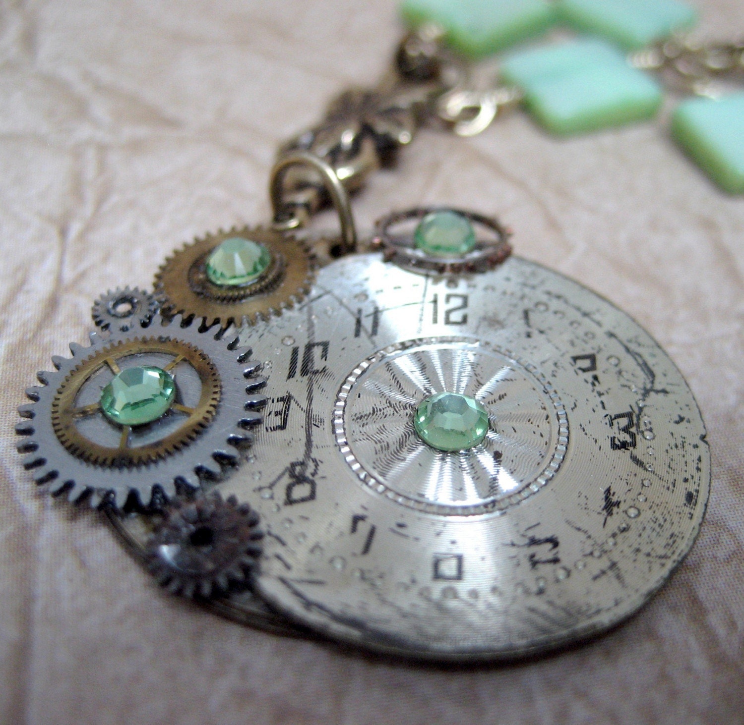 Steampunk Necklace - Mojito - Neo Victorian - Vintage Repurposed Watch Dial Pendant -  Artisan Jewelry Handmade and Designed by A Second Time