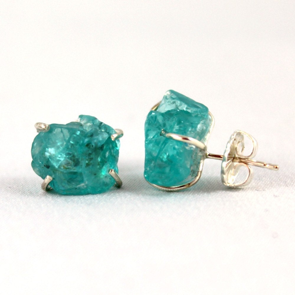 Uncut Raw Rough Apatite Earrings - Sterling Silver Stud Style Earrings - Handmade and Designed by A Second Time