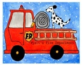 Nursery Art - Fire Truck with Happy Dalmatian - Nursery Artwork for Boys - Personalized