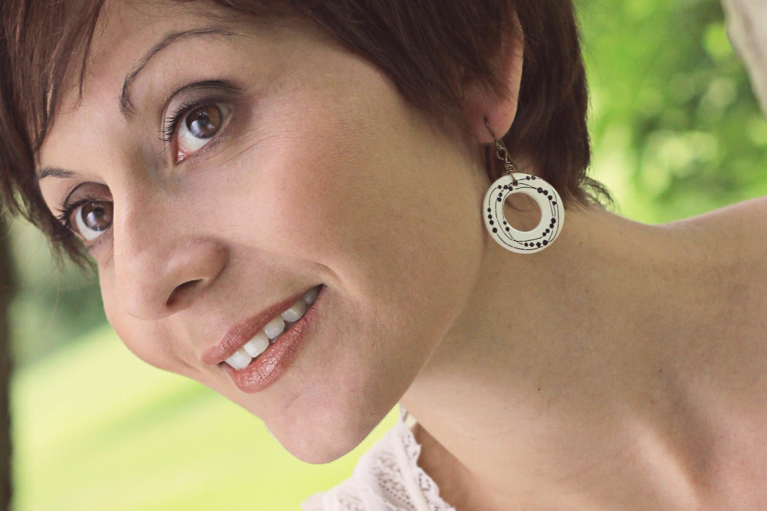 Hoop Earrings Porcelain Donut Earring Pair with Lines and Dots Drawing