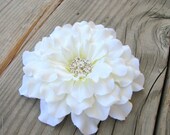 Diamond White Zinnia Flower Fascinator Hair Clip with a Small Cluster of Rhinestone Center