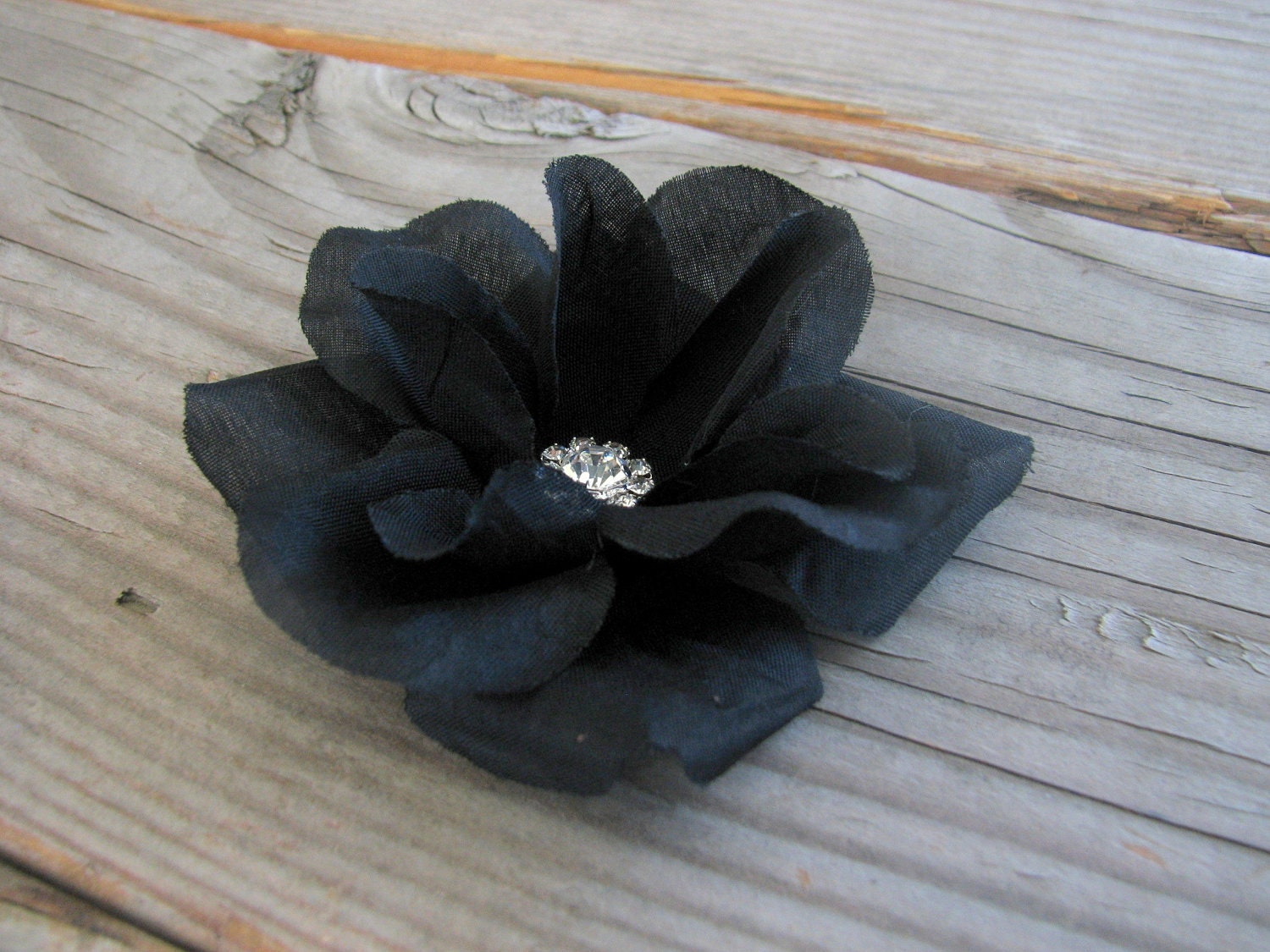 Black Rose Flower Fascinator Hair Clip Pin with a Brilliant Rhinestone Center