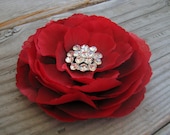 Red Ranunculus Flower Fascinator Hair Clip with a Large Cluster of Rhinestones Center