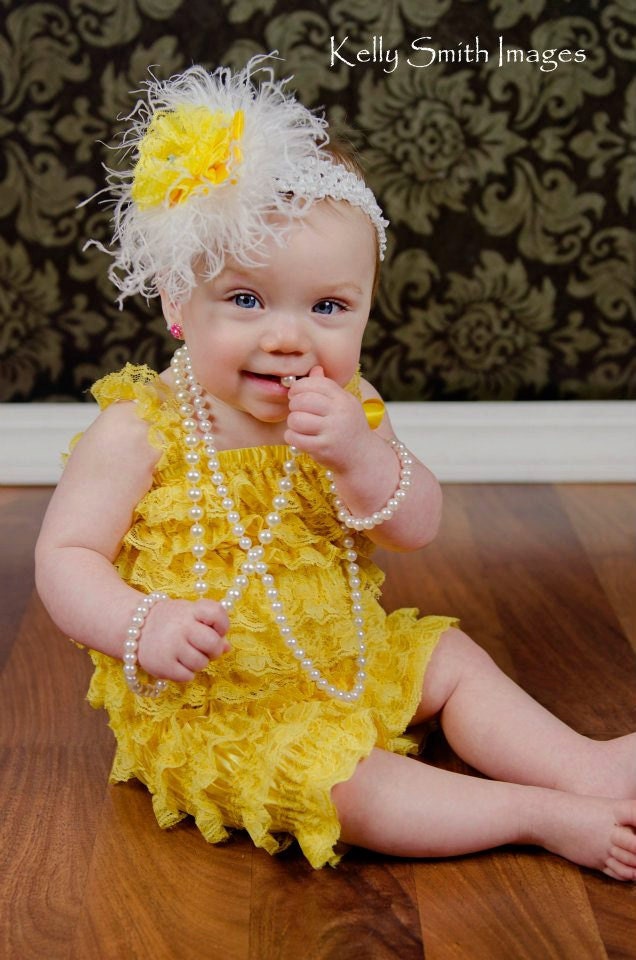 YELLOW HEADBAND and petti lace ROMPER with Shoulder Straps and Bow Set S, M or L