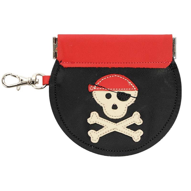 Mally Round Leather Pinch Coin Money Pouch with Clip - Pirate Skull & Crossbones on Black with Red Accents