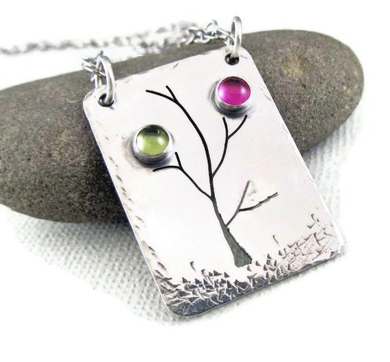 Custom Mothers Necklace - Family Tree Birthstone Pendant in Sterling Silver - two birthstones