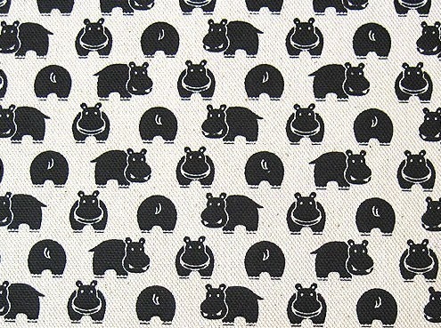 Black Hippo on Natural - Cotton Canvas Fabric - Half Yard