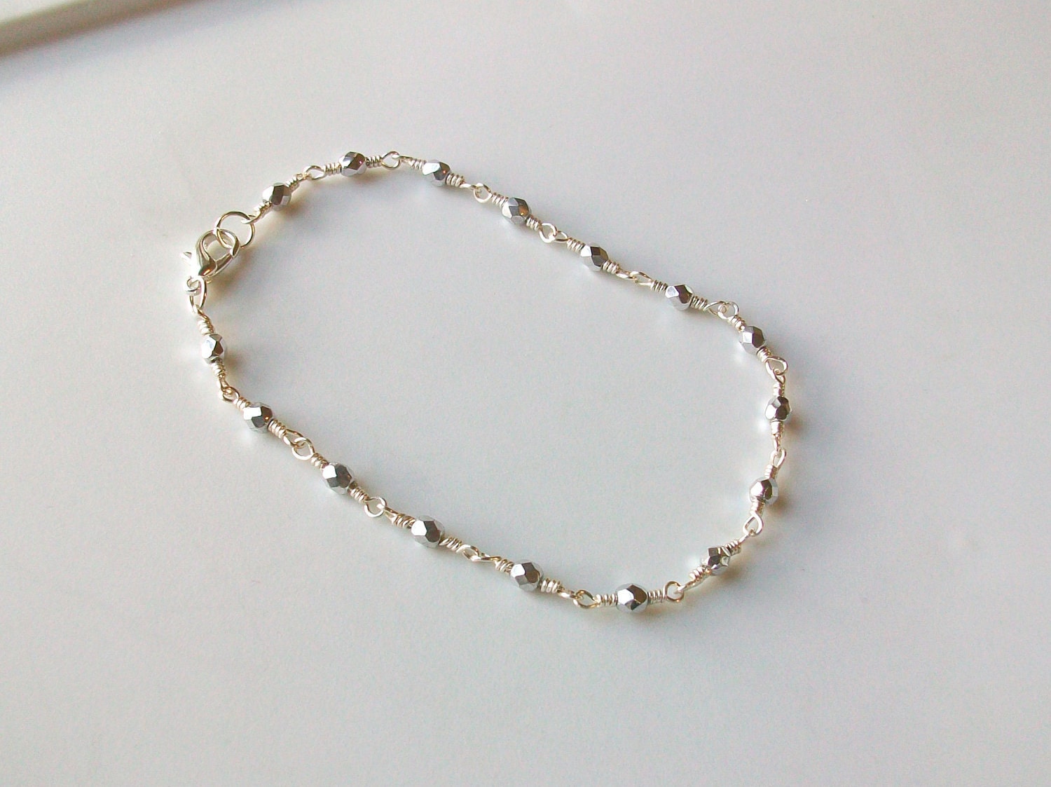 Silver Czech Crystal Wire Wrapped Chain Link Anklet - Ankle Bracelet