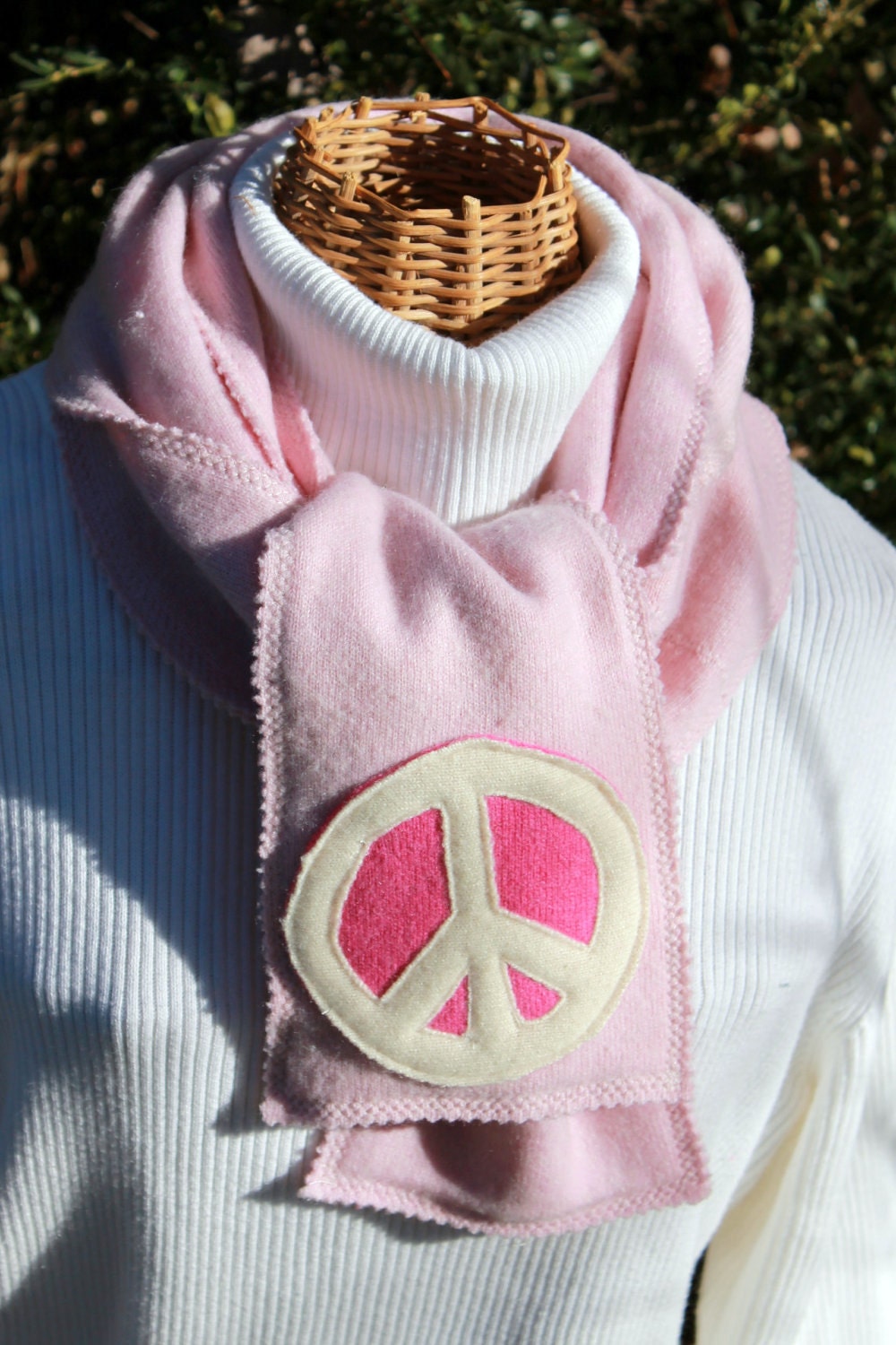 Recycled cashmere scarf -- peace sign motif, pale pink with ivory and fuchsia