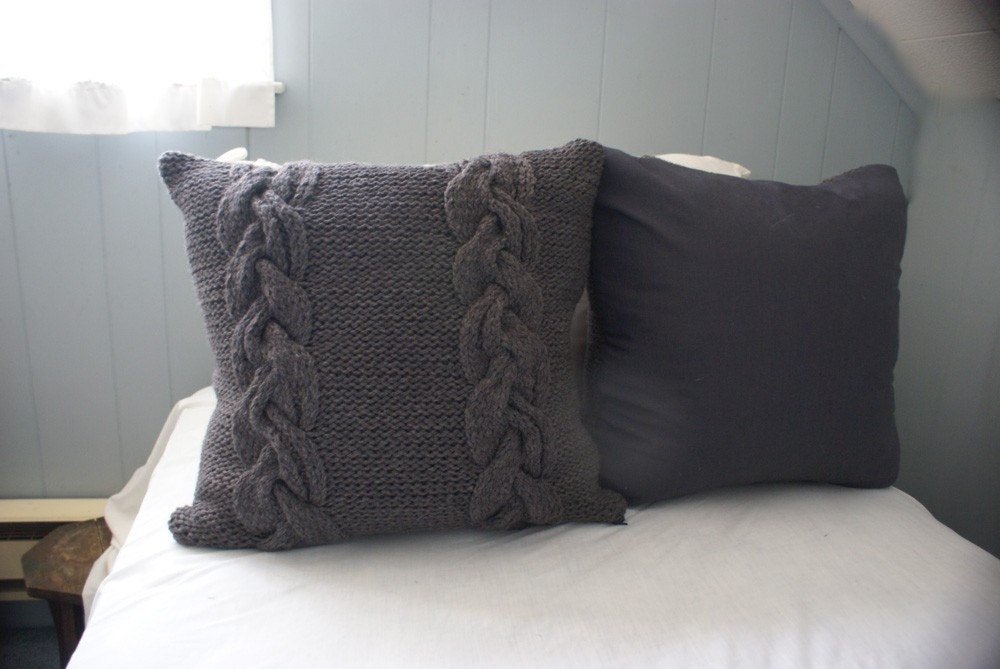 Chunky Braided Cabled Knit Pillow Sham in Dark Gray, Sweater Pillow, Throw Pillow, Knit Pillow, Knit Home Decor