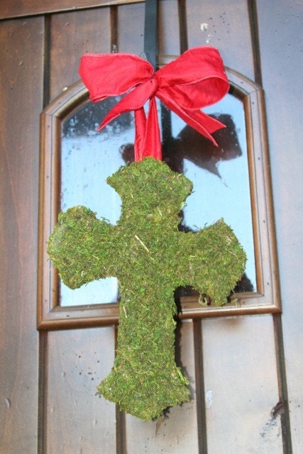 Moss Covered Cross 12  inch Door Wreath with Ribbon