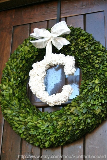 2-24 inch Boxwood Wreath with Holly Berry Initial Door Wedding Wreath