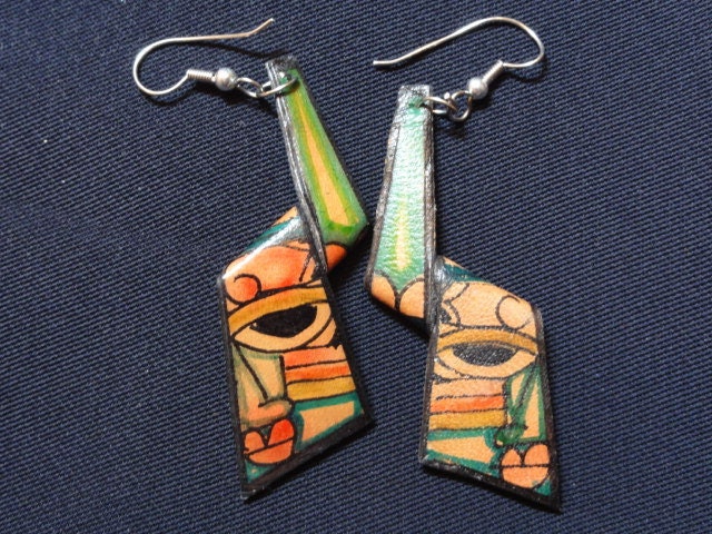 Vintage Handpainted Abstract Eyes Faces Leather Earrings