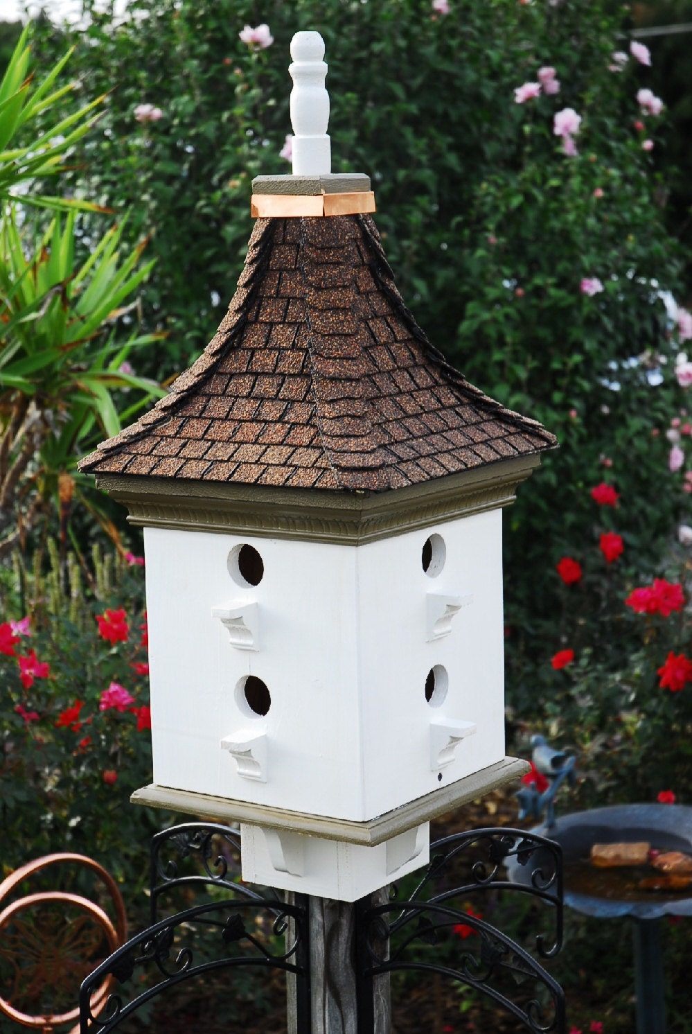 Handcrafted Bird House Elegant Large Birdhouse Painted Pagoda Style Asphalt Shingle Roof