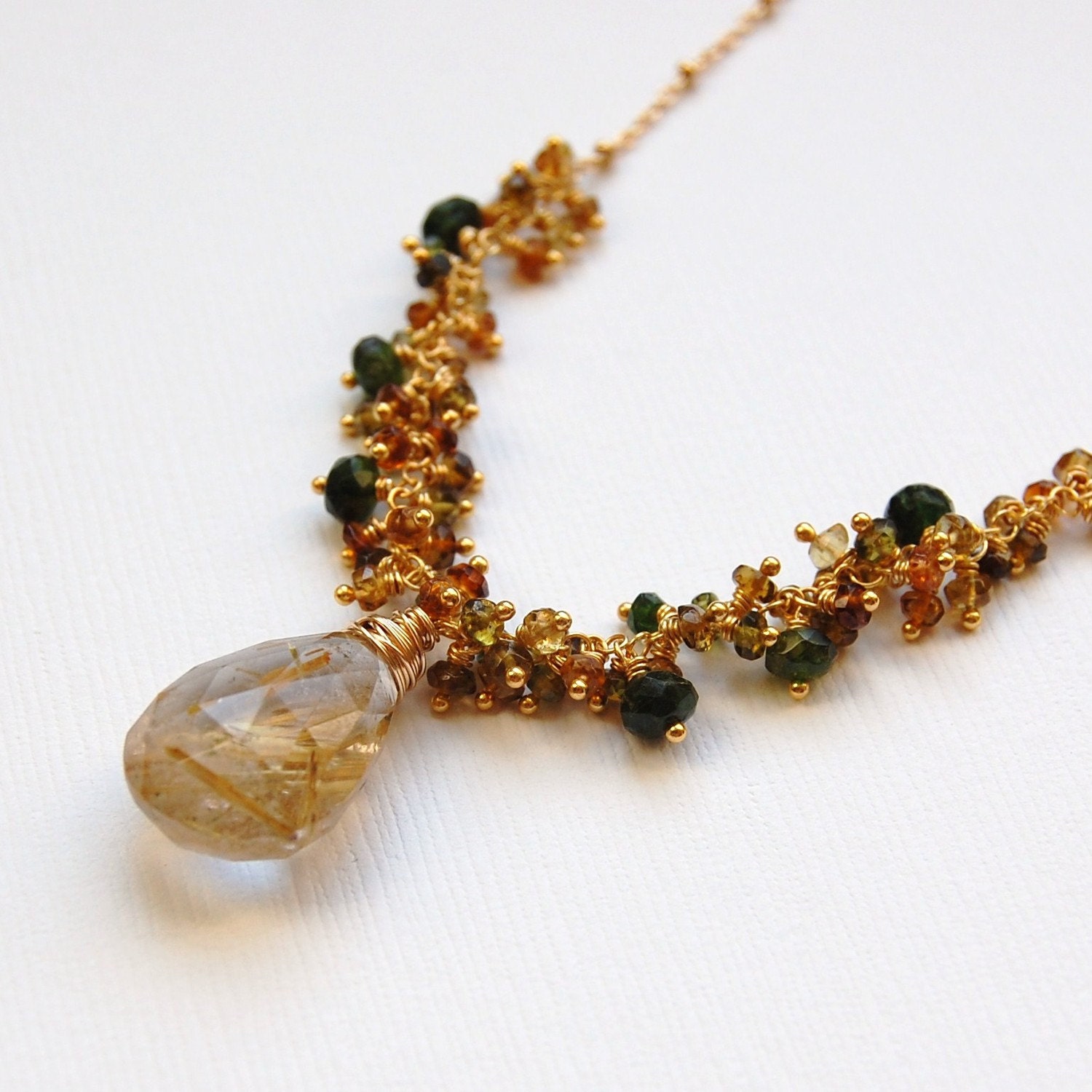 Golden Rutilated Quartz and Green Tourmaline Delicate Gold Necklace