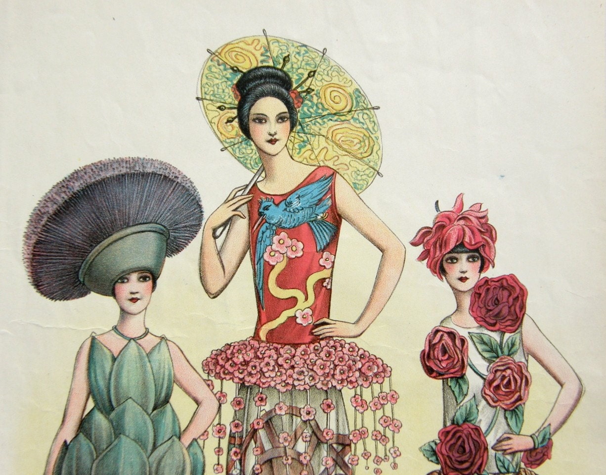 1920s Art Deco French Floral Fashion - Masquerade Costumes - Color Engraved Print