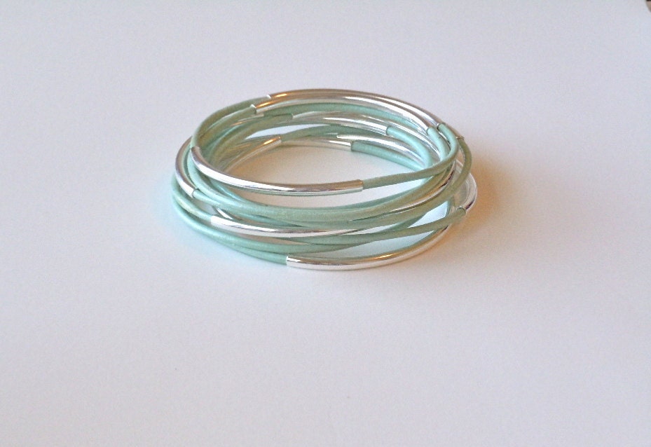 MINT Leather Bracelets Double the Silver Tube Bead leather jewelry bangles 10
