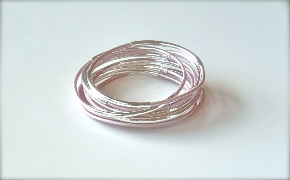 PINK Leather Bangles Double the Silver Shabby 10