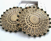 Olive Pearl Filigree Wheels Earrings, Antiqued Brass Filigree, Glass Pearls, Green, Rustic Jewelry, Boho Fashion