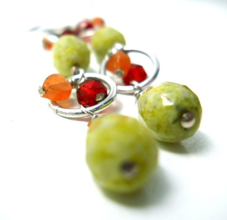 Gemstone Earrings, Sterling with Green Jasper and Carnelian Silver Earrings with Czech Glass, Bridal Fashion, Boho Jewelry - ChelseaGirlDesigns