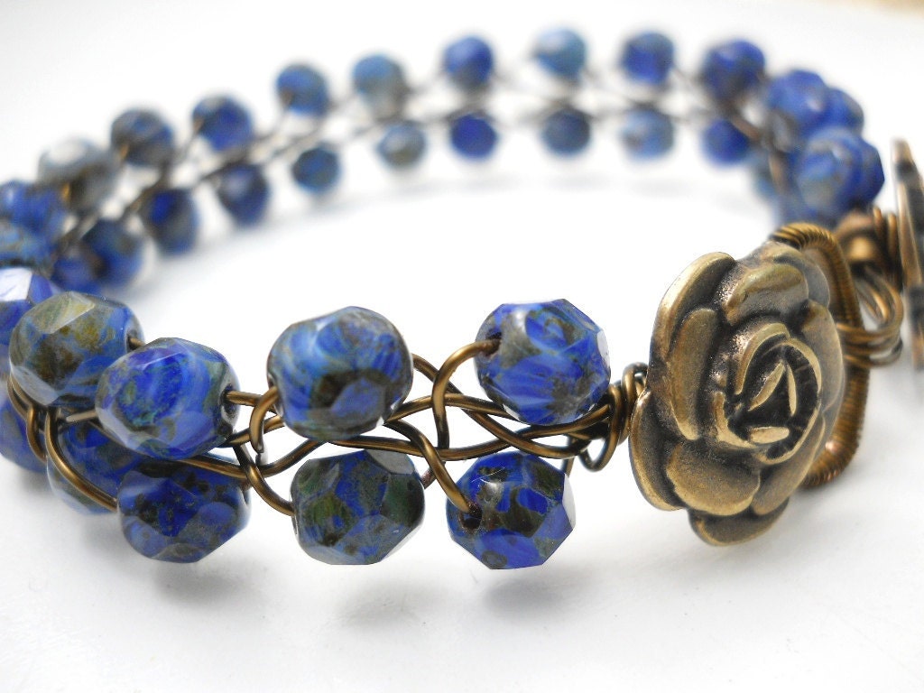Beaded Wire Bracelet Blue Glass Faceted Beads Antiqued Brass Flower Clasp Bridesmaid Bracelet Wedding Jewelry