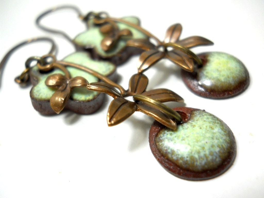 Green Flower Earrings, Elaine Ray Ceramic Beads Brass Flower Drops, Sage Green, Floral Jewelry, Bridesmaid Jewelry