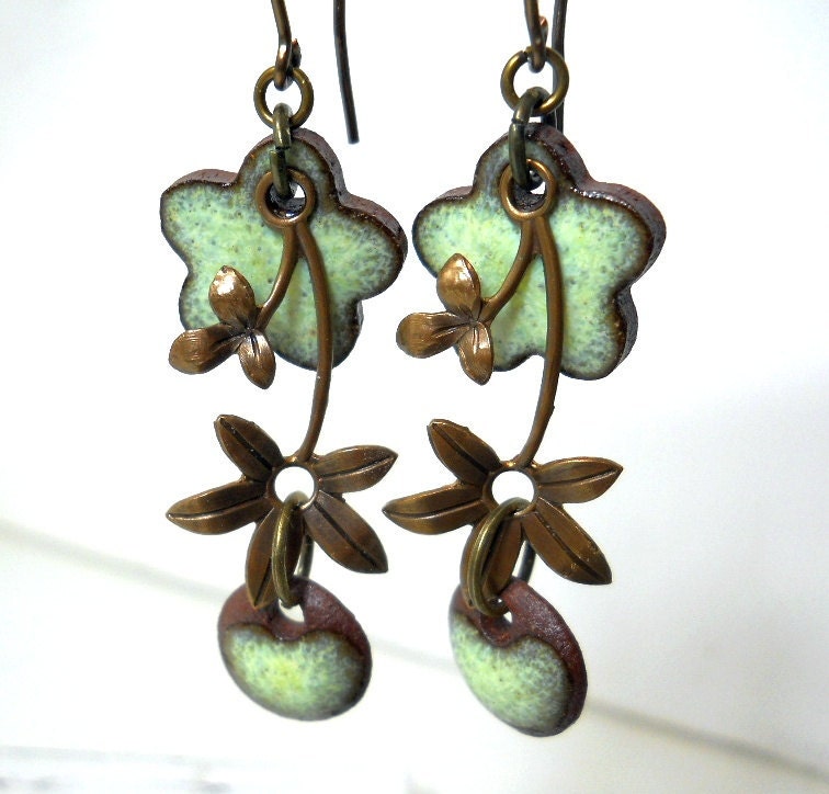 Green Flower Earrings, Elaine Ray Ceramic Beads Brass Flower Drops, Sage Green, Floral Jewelry, Bridesmaid Jewelry