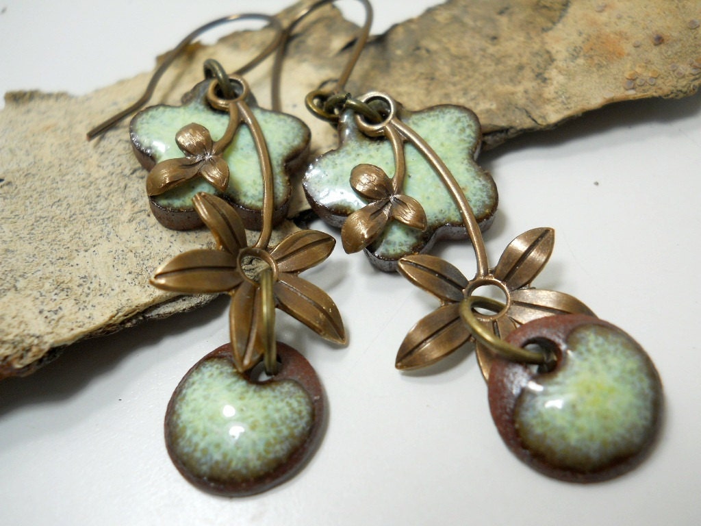 Green Flower Earrings, Elaine Ray Ceramic Beads Brass Flower Drops, Sage Green, Floral Jewelry, Bridesmaid Jewelry