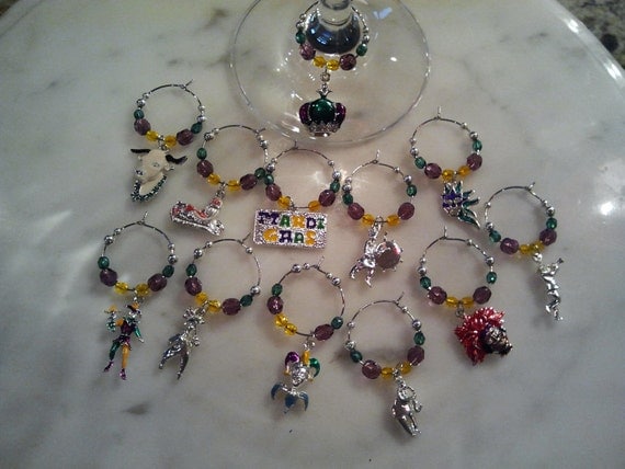 Mardi Gras Wine Charms with Pouch set of 12 v3