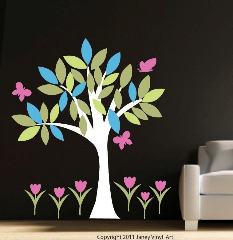 Wall Vinyl Tree Decal - Nursery Tree Wall Art - Tulips and Butterfllies Decal