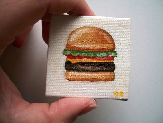 Original Mini Cheeseburger Oil Painting 2x2