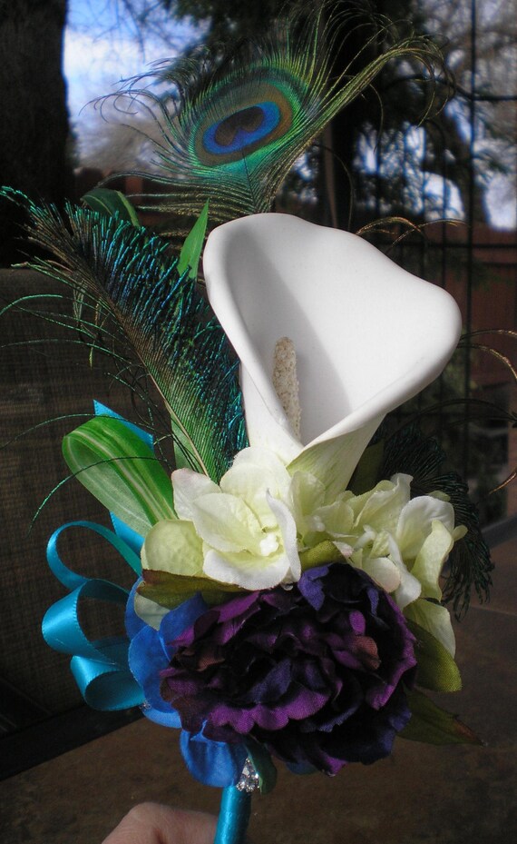 Calla Lily Peacock Feathers Bridesmaids Bouquet Wedding