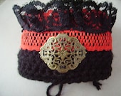 Goth Cuff red lace metal filigree medallion Victorian black crochet and lace Steam Punk style