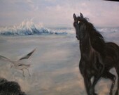Painting Winter Ocean Crystal Blue (Large) oil on canvas Horse Ocean tide beach stallion sea Lovely Addition Original One of a Kind