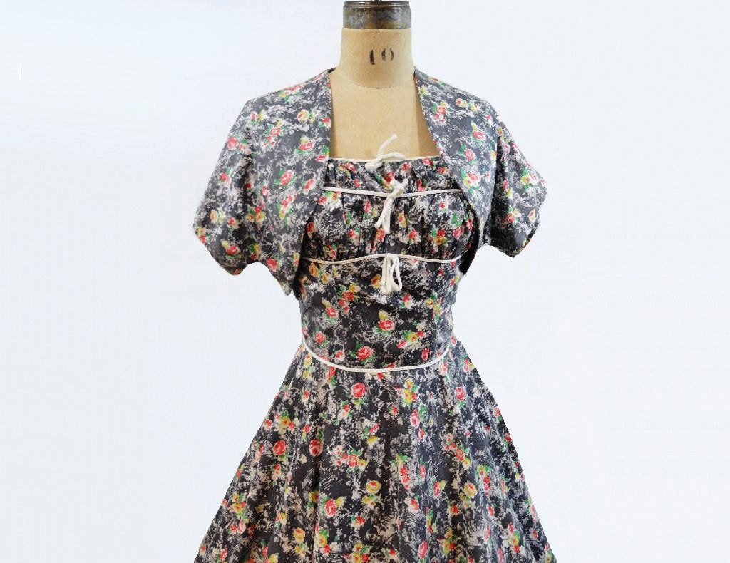 50s Dress Vintage 1950s Rose Print Sun Dress Cropped Jacket Size S