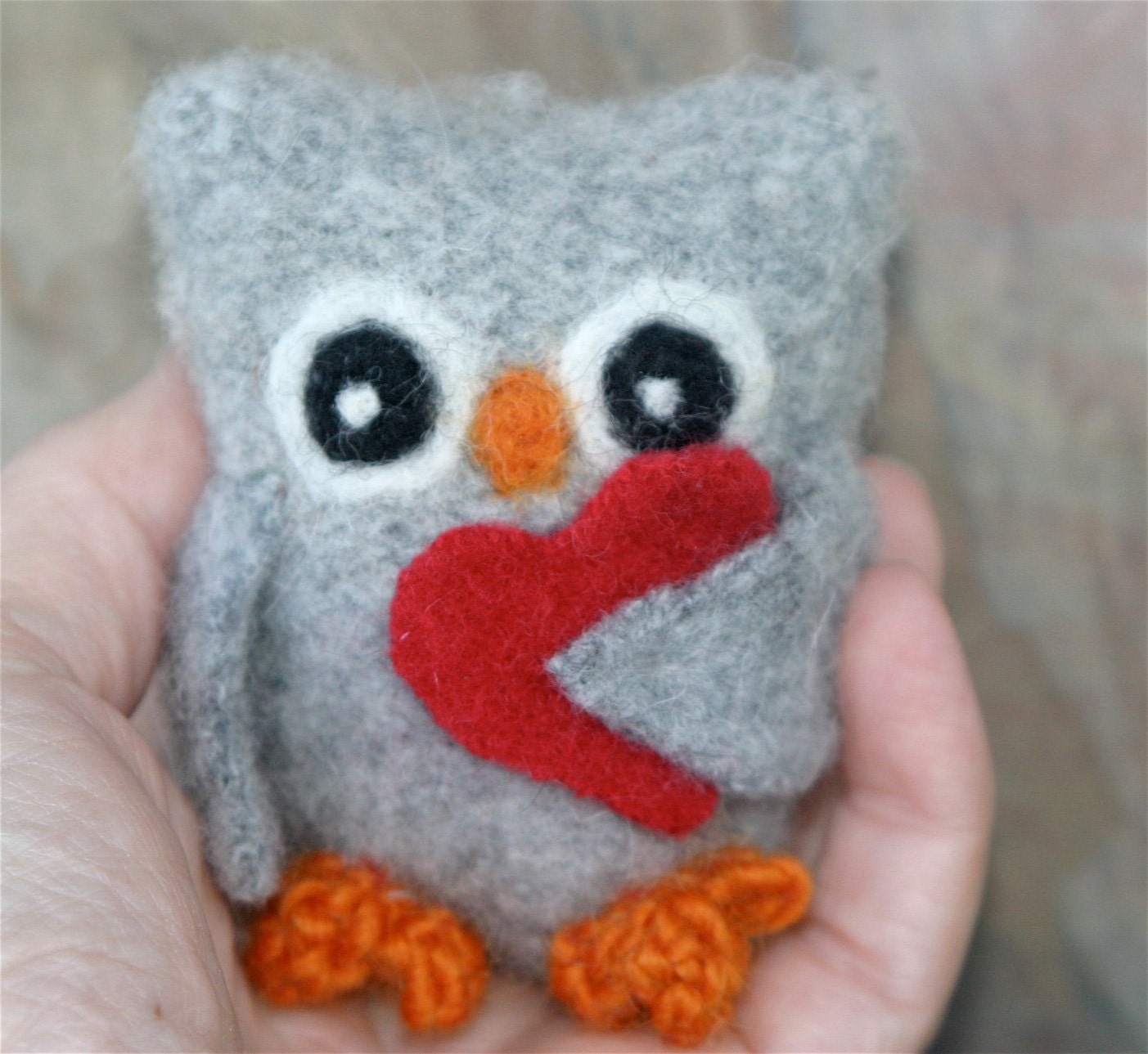 Hootie with Red Heart ... Love is in the air... wool felt gray Owl (woolcrazy)