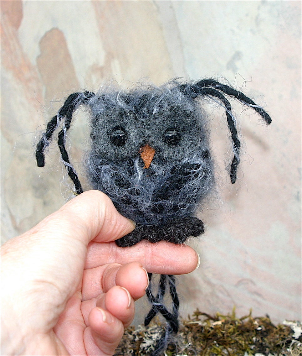 Plush Dark Gray Baby Owl ... knit fuzzy ecofriendly felt wool owl toy (woolcrazy)