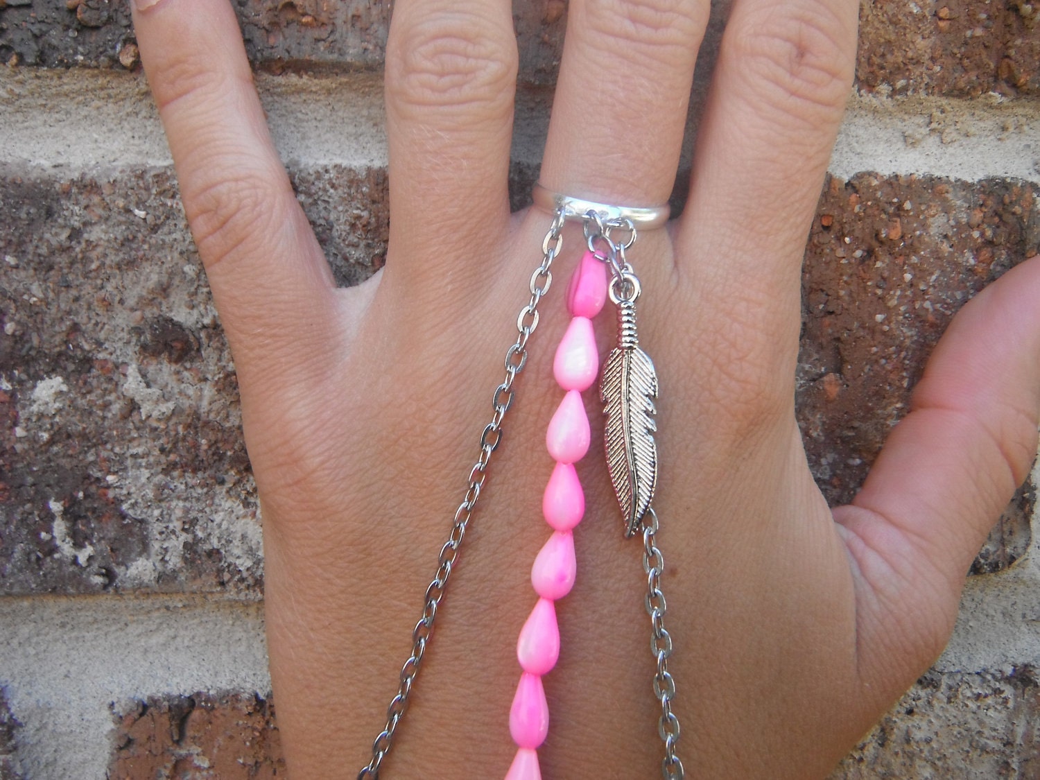 Hot Pink & Feather Silver Chain Slave Bracelet Body Jewelry