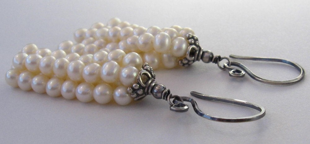 Pearl Earrings Sterling Silver Oxidized Tassel Handmade - Daisy