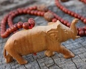 Elephant Mala Necklace - 108 Bead Mala . Red Jasper Stones . One of a Kind . Wood Elephant . Bohemian . CLEARANCE SALE