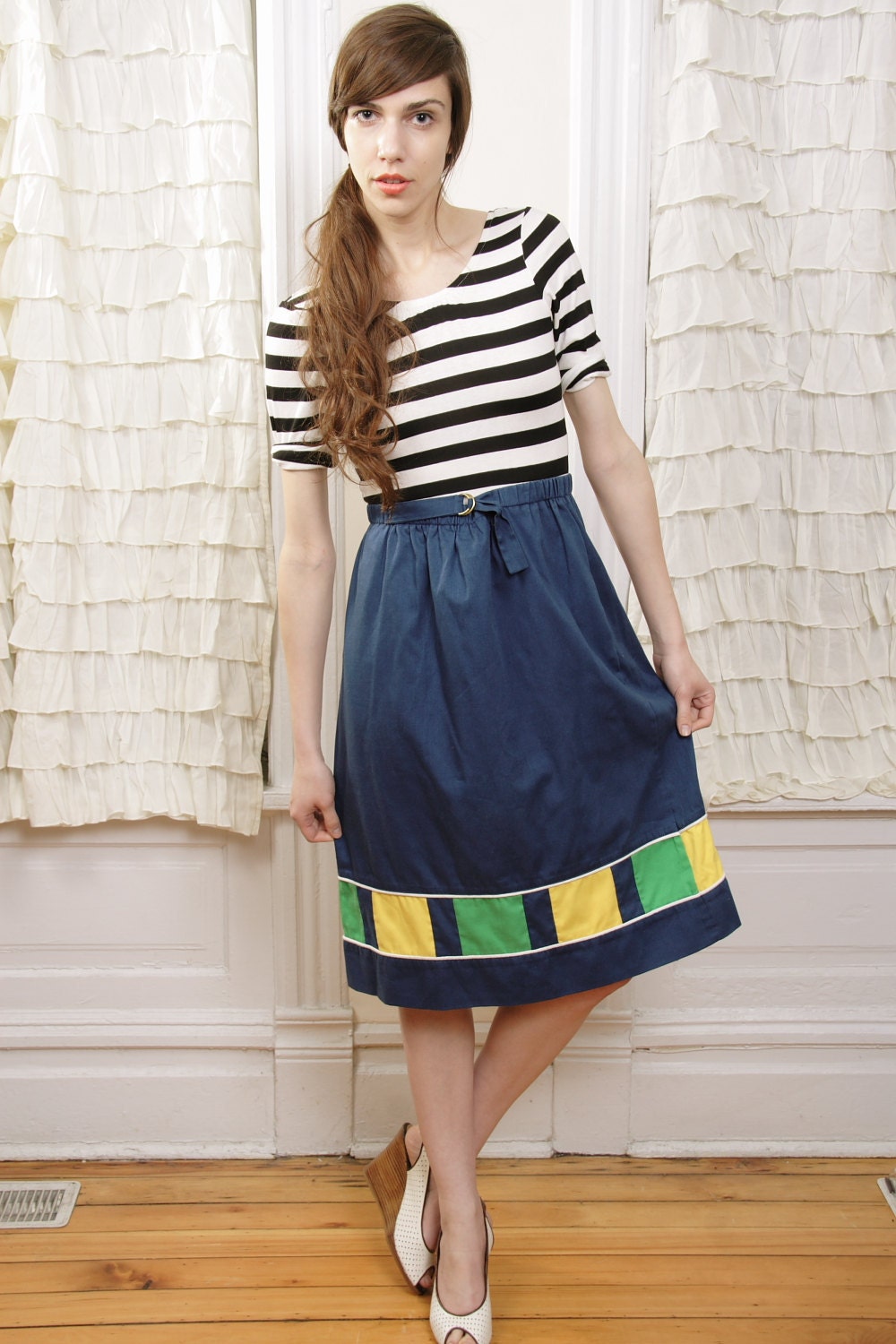 60s Sally Belted Navy Color Block Skirt S / M
